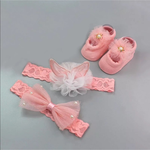4Pcs Baby Headband Socks Set Flower Bows  W/Box - Picture 4 of 4